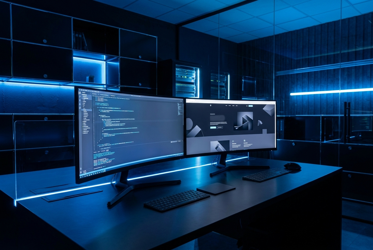 Espace de travail Flowaivo, écrans code et design sous lumière bleue